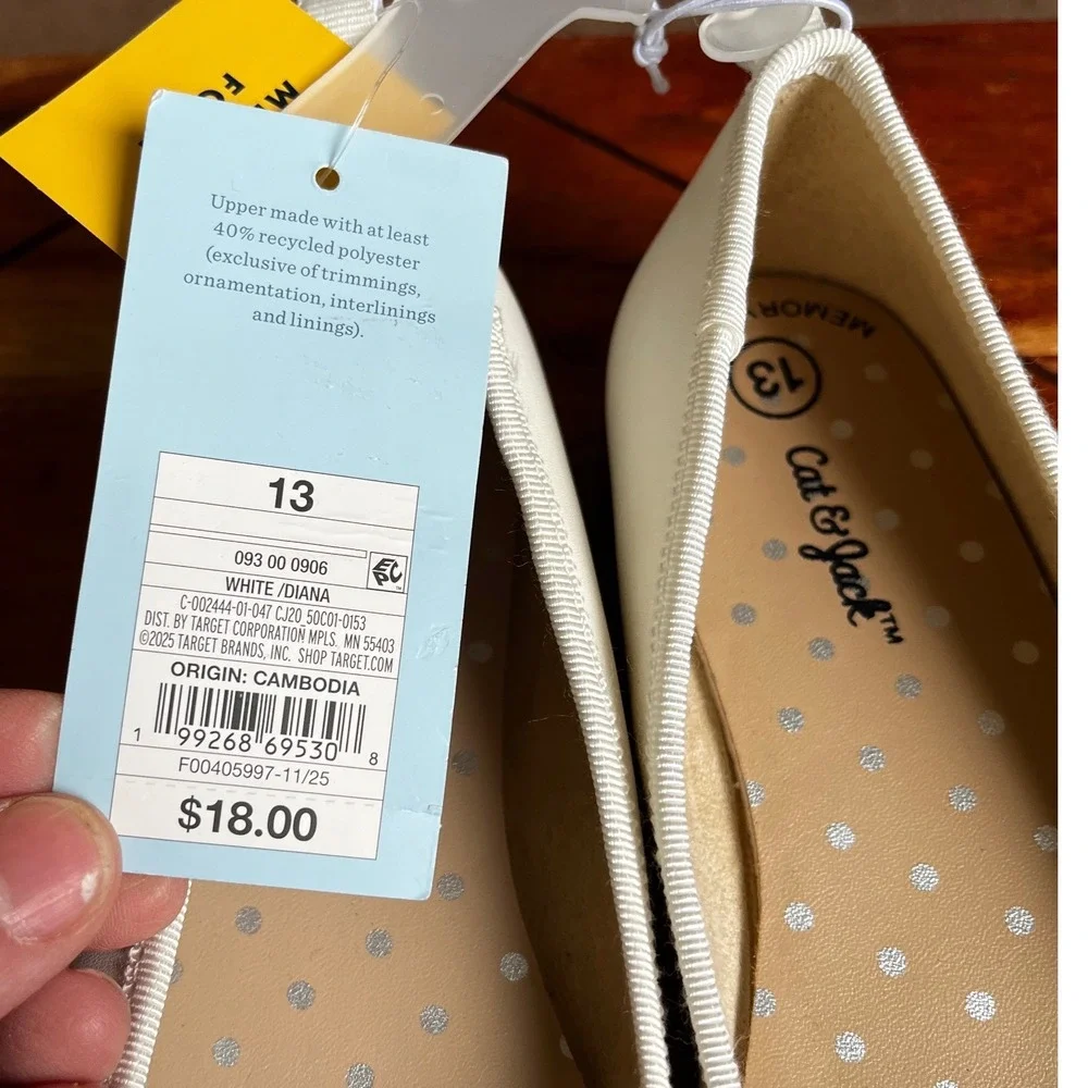 Cat & Jack Diana Kids White Ballet Flats Memory Foam Bow Shoes Size 13 NEW